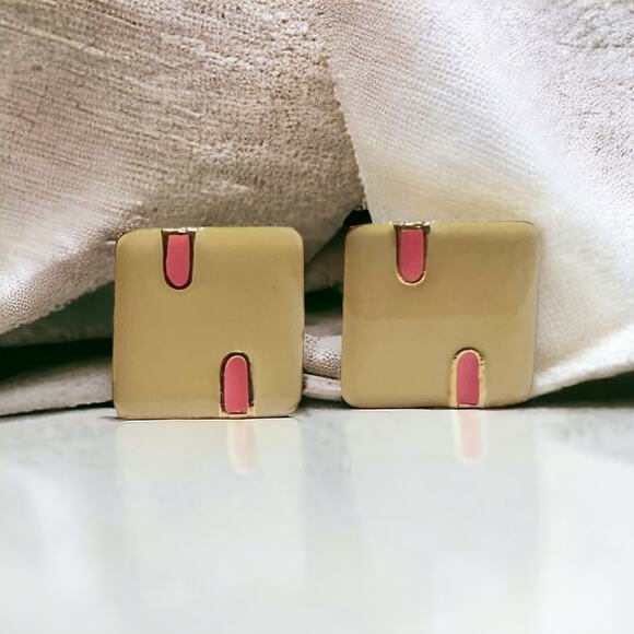 1990s Cream & Pink Square Clip-On Earrings Pastel Retro Jewelry - Picture 1 of 8